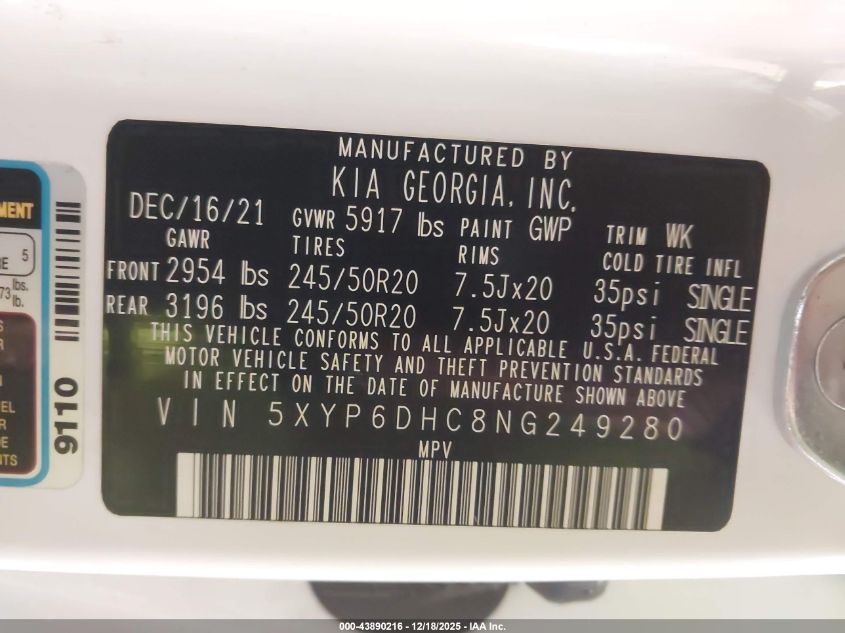 2022 Kia Telluride S VIN: 5XYP6DHC8NG249280 Lot: 43890216