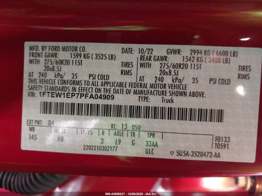 2023 Ford F-150 Lariat VIN: 1FTEW1EP7PFA04909 Lot: 43890237