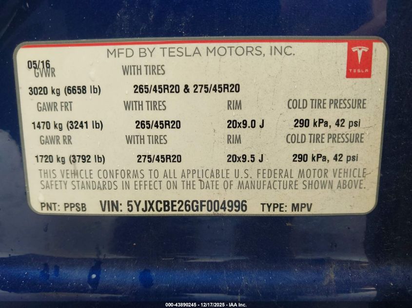 2016 Tesla Model X 60D/70D/75D/90D/P100D VIN: 5YJXCBE26GF004996 Lot: 43890245