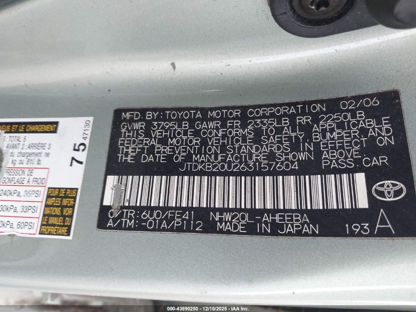 2006 Toyota Prius VIN: JTDKB20U263157604 Lot: 43890250
