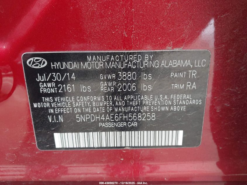 2015 Hyundai Elantra Se VIN: 5NPDH4AE6FH568258 Lot: 43890270