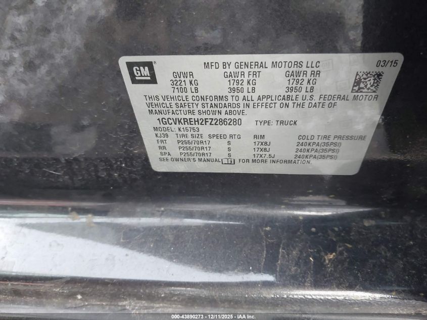 2015 Chevrolet Silverado 1500 1Lt VIN: 1GCVKREH2FZ286280 Lot: 43890273