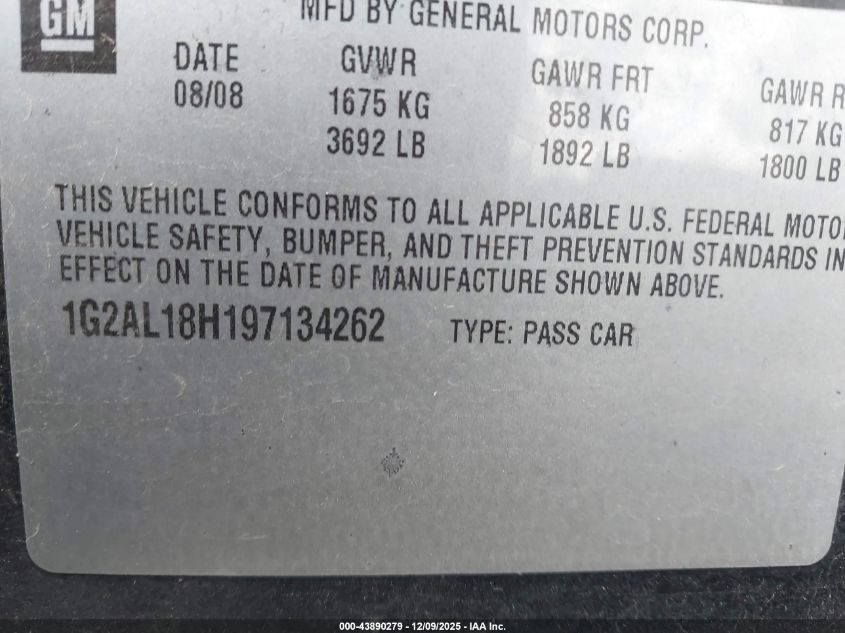 2009 Pontiac G5 VIN: 1G2AL18H197134262 Lot: 43890279