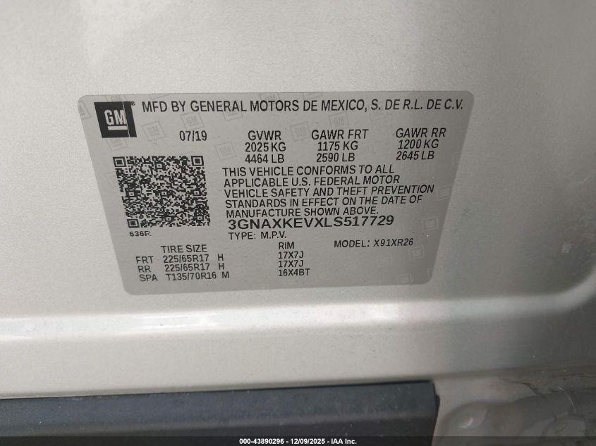 2020 Chevrolet Equinox Fwd Lt 1.5L Turbo VIN: 3GNAXKEVXLS517729 Lot: 43890296