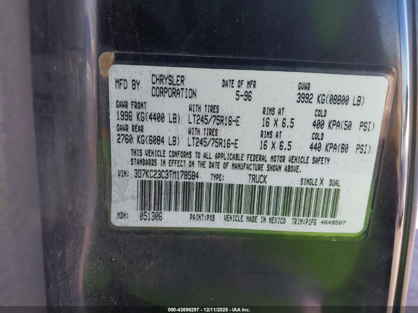 1996 Dodge Ram 2500 VIN: 3B7KC23C3TM178584 Lot: 43890297