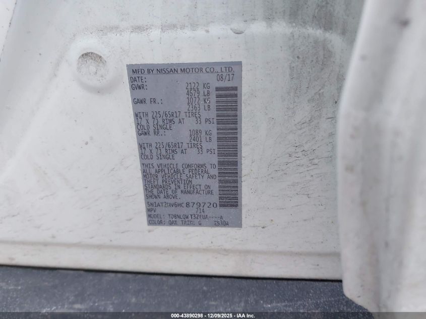 2017 Nissan Rogue Sv VIN: 5N1AT2MV6HC879720 Lot: 43890298