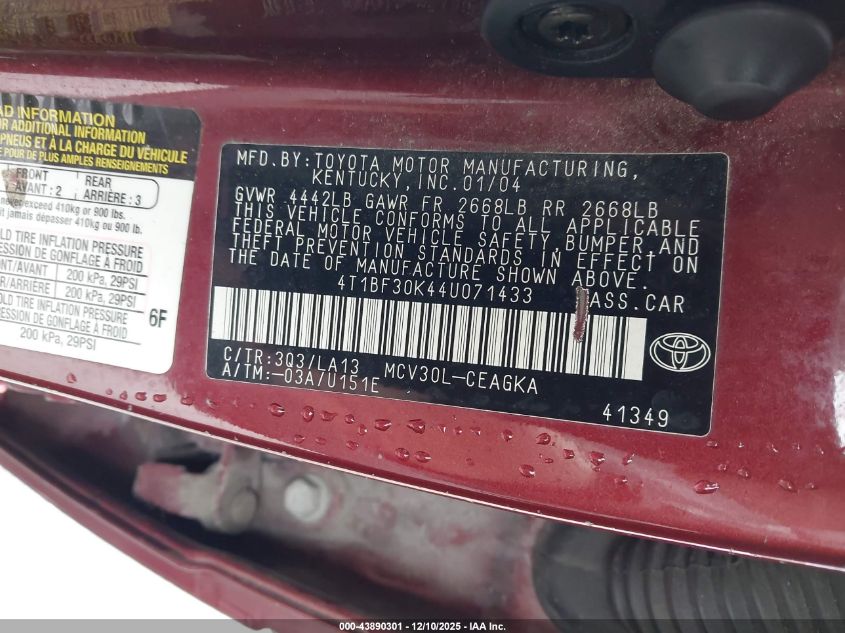 2004 Toyota Camry Xle V6 VIN: 4T1BF30K44U071433 Lot: 43890301