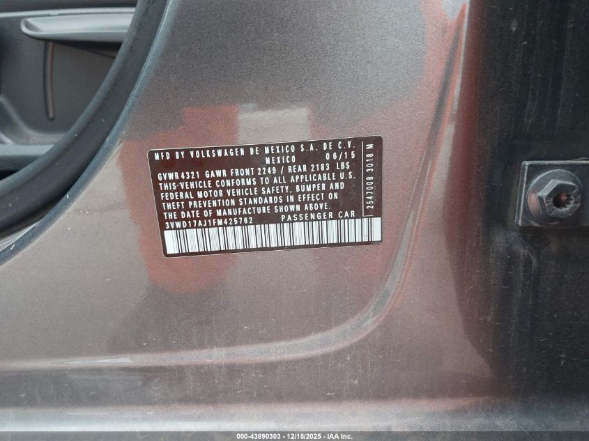 2015 Volkswagen Jetta 1.8T Sport VIN: 3VWD17AJ1FM425762 Lot: 43890303