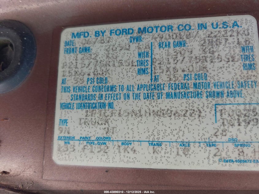 1987 Ford F150 VIN: 1FTCF15N1HNB06221 Lot: 43890310