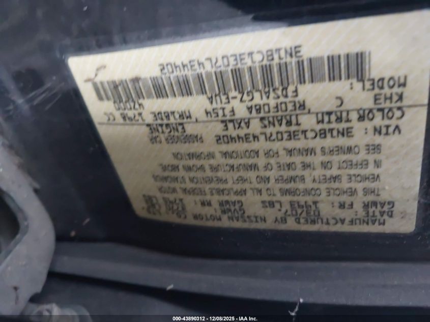 2007 Nissan Versa 1.8Sl VIN: 3N1BC13E07L434402 Lot: 43890312