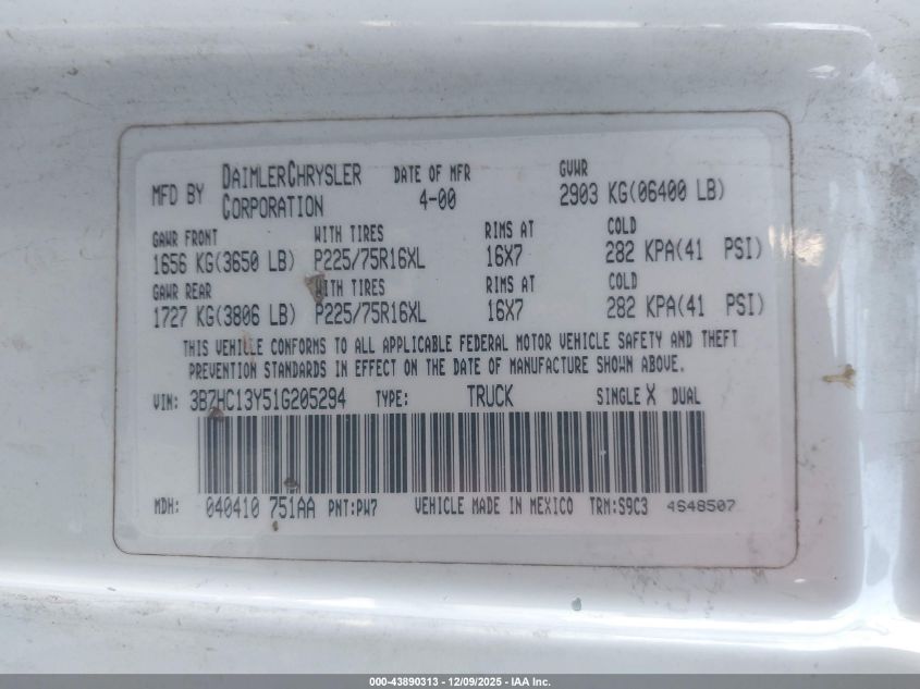 2001 Dodge Ram 1500 St VIN: 3B7HC13Y51G205294 Lot: 43890313