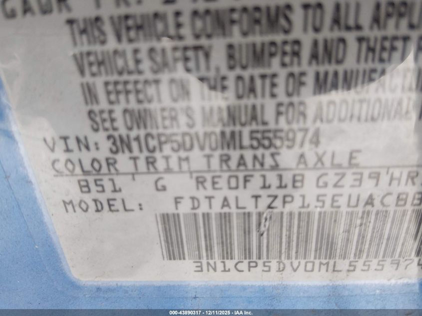 2021 Nissan Kicks Sr Xtronic Cvt VIN: 3N1CP5DV0ML555974 Lot: 43890317