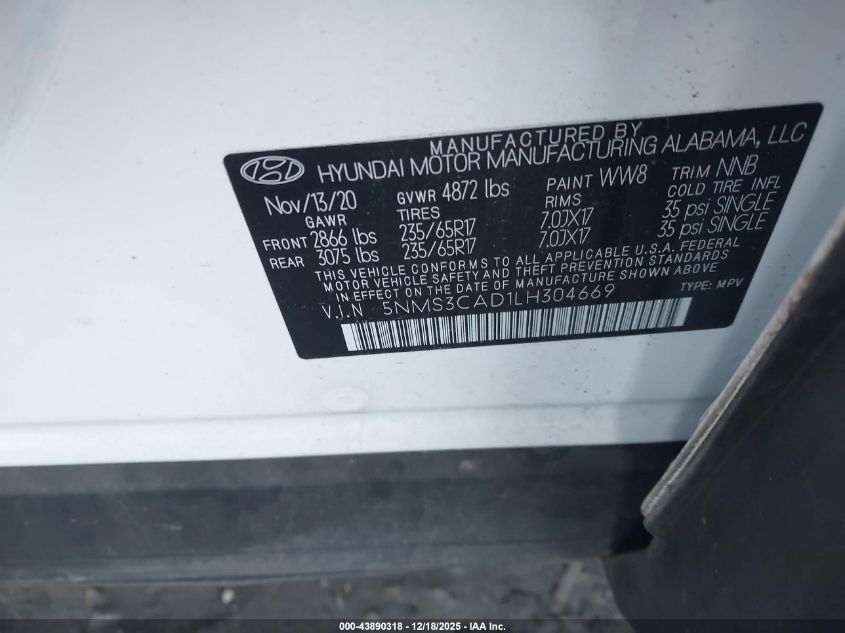 2020 Hyundai Santa Fe Sel VIN: 5NMS3CAD1LH304669 Lot: 43890318