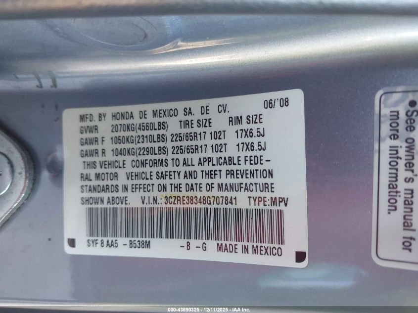2008 Honda Cr-V Lx VIN: 3CZRE38348G707841 Lot: 43890325