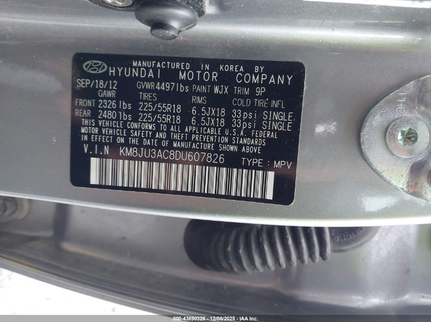 2013 Hyundai Tucson Limited VIN: KM8JU3AC8DU607826 Lot: 43890326