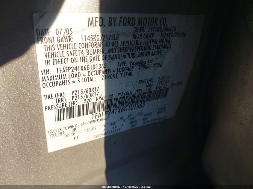 2006 Ford Five Hundred Sel VIN: 1FAFP241X6G101363 Lot: 43890337