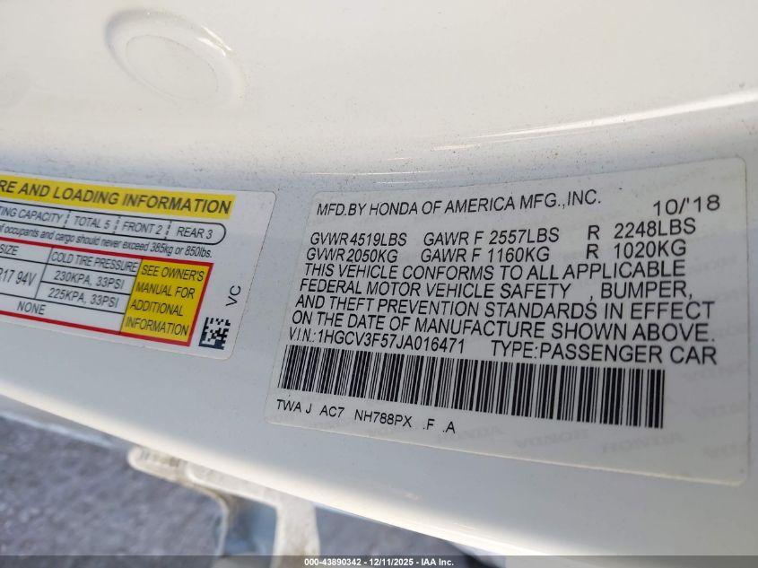 2018 Honda Accord Hybrid Ex-L VIN: 1HGCV3F57JA016471 Lot: 43890342
