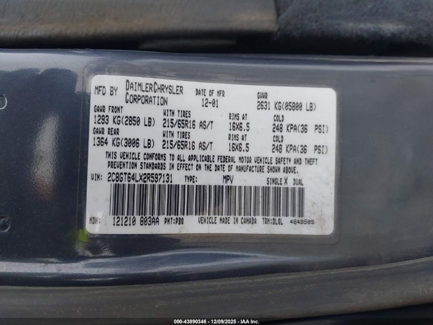 2002 Chrysler Town & Country Limited VIN: 2C8GT64LX2R597131 Lot: 43890346