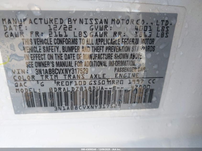 2022 Nissan Sentra Sv Xtronic Cvt VIN: 3N1AB8CVXNY317529 Lot: 43890348