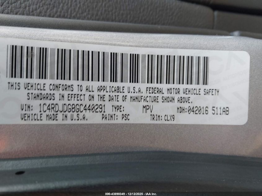 2016 Dodge Durango Limited VIN: 1C4RDJDG8GC440291 Lot: 43890349