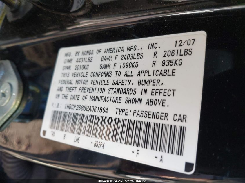 2008 Honda Accord 2.4 Ex-L VIN: 1HGCP26888A061864 Lot: 43890354