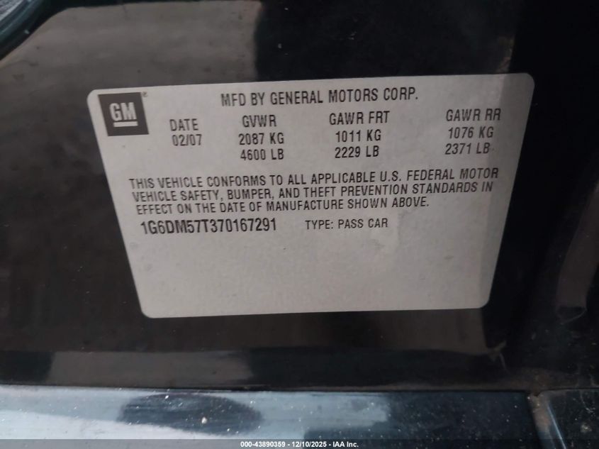 2007 Cadillac Cts Standard VIN: 1G6DM57T370167291 Lot: 43890359