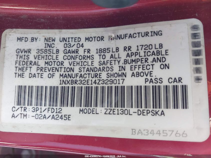 2004 Toyota Corolla S VIN: 1NXBR32E14Z329017 Lot: 43890374