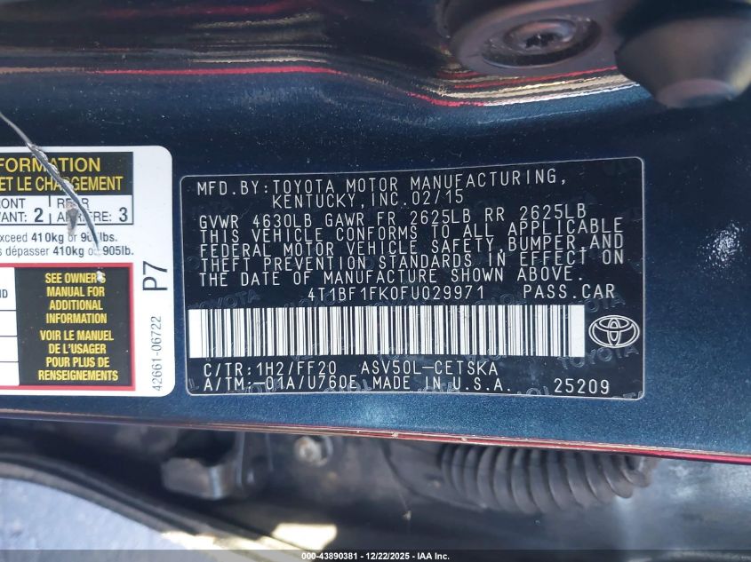 2015 Toyota Camry Se VIN: 4T1BF1FK0FU029971 Lot: 43890381