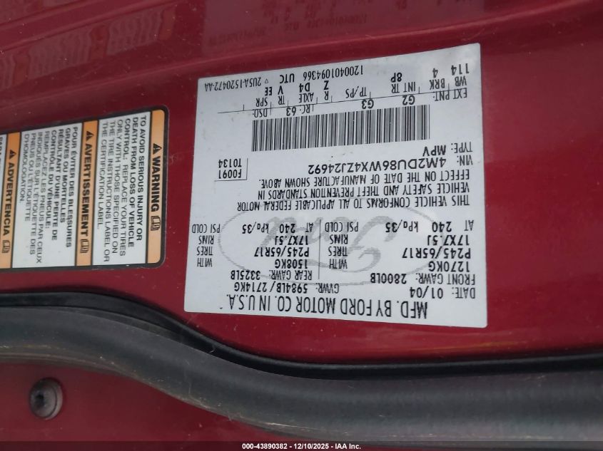 2004 Mercury Mountaineer VIN: 4M2DU86WX4ZJ24692 Lot: 43890382