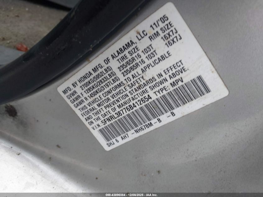 2006 Honda Odyssey Ex-L VIN: 5FNRL38776B412654 Lot: 43890384