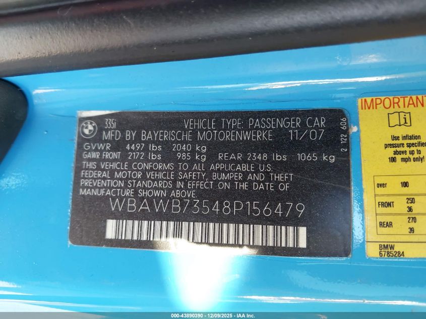 2008 BMW 335I VIN: WBAWB73548P156479 Lot: 43890390