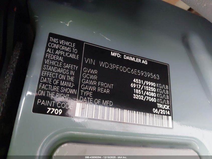 2014 Mercedes-Benz Sprinter 3500 High Roof VIN: WD3PF0DC6E5939563 Lot: 43890394