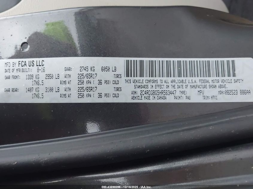 2017 Dodge Grand Caravan Se VIN: 2C4RDGBG5HR563447 Lot: 43890396