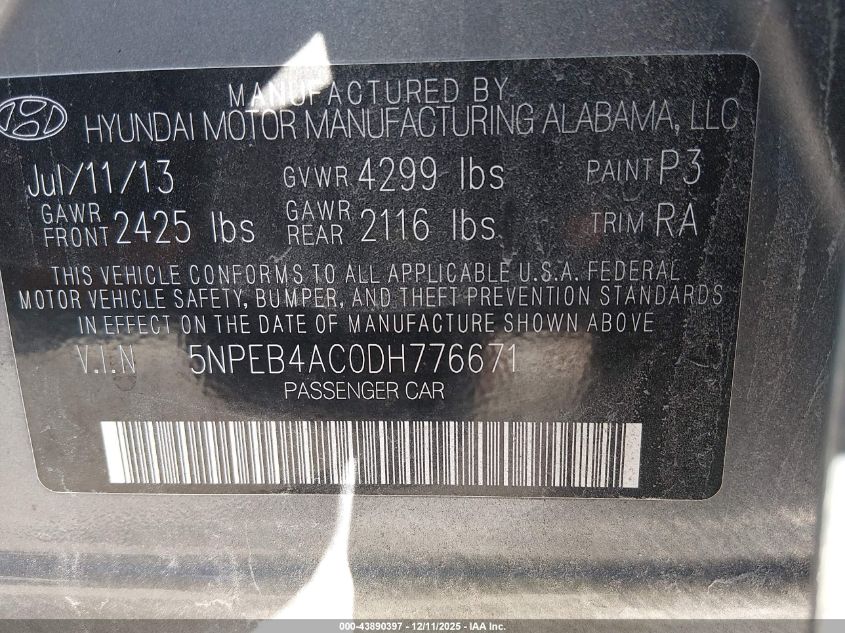 2013 Hyundai Sonata Gls VIN: 5NPEB4AC0DH776671 Lot: 43890397