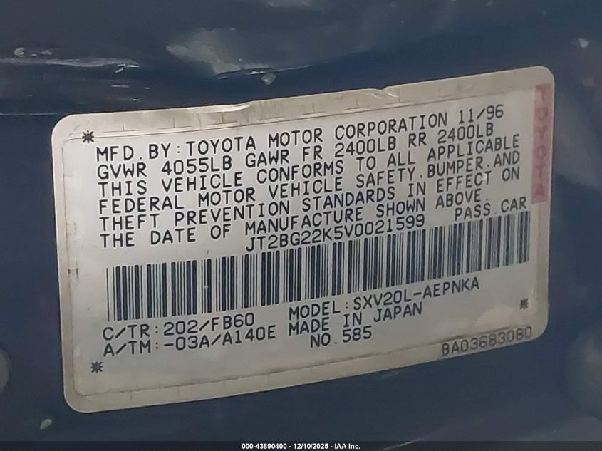 1997 Toyota Camry Le VIN: JT2BG22K5V0021599 Lot: 43890400