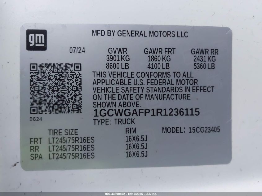 2024 Chevrolet Express Cargo Rwd 2500 Regular Wheelbase Wt VIN: 1GCWGAFP1R1236115 Lot: 43890402