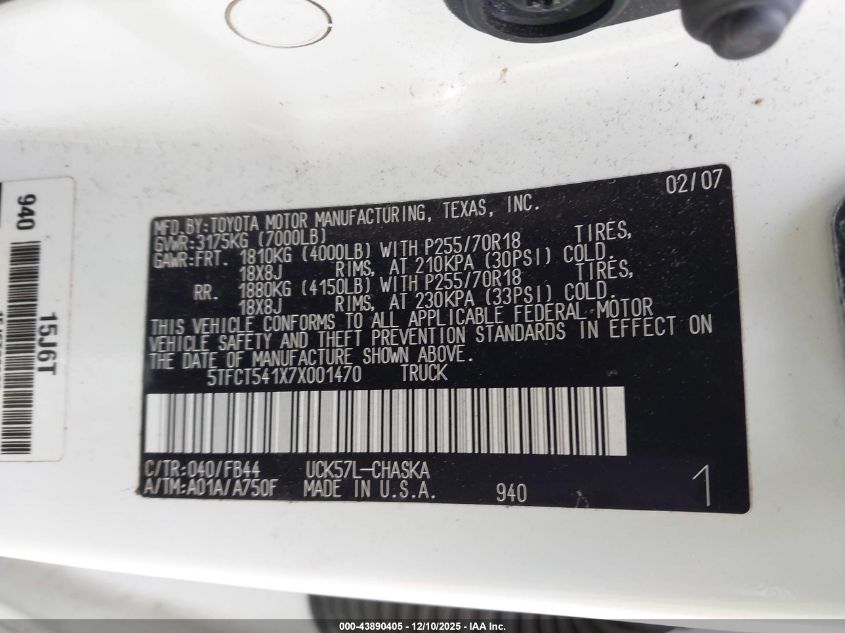 2007 Toyota Tundra Sr5 4.7L V8 VIN: 5TFCT541X7X001470 Lot: 43890405