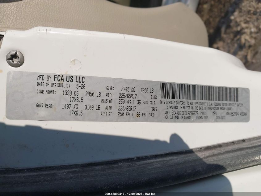 2020 Dodge Grand Caravan Sxt VIN: 2C4RDGCG2LR206072 Lot: 43890417