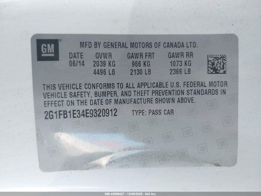 2014 Chevrolet Camaro 1Lt VIN: 2G1FB1E34E9320912 Lot: 43890427