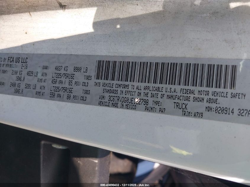 2018 Ram Promaster 2500 High Roof 159 Wb VIN: 3C6TRVDG0JE122798 Lot: 43890432