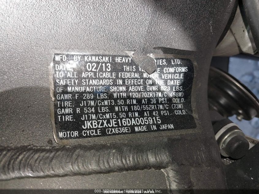 2013 Kawasaki Zx636 E VIN: JKBZXJE16DA005915 Lot: 43890440