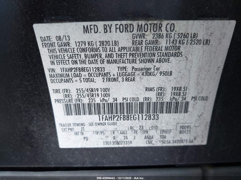 2014 Ford Taurus Limited VIN: 1FAHP2F88EG112833 Lot: 43890442
