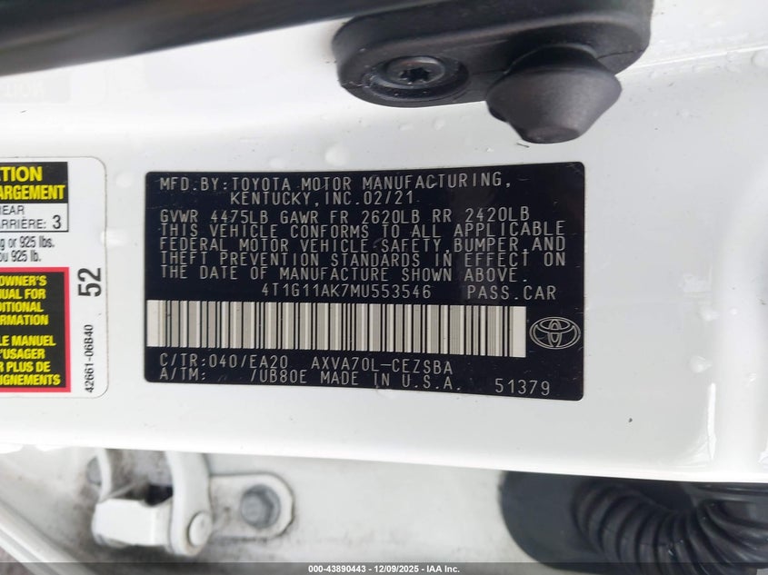 4T1G11AK7MU553546 2021 TOYOTA CAMRY photo no. 9