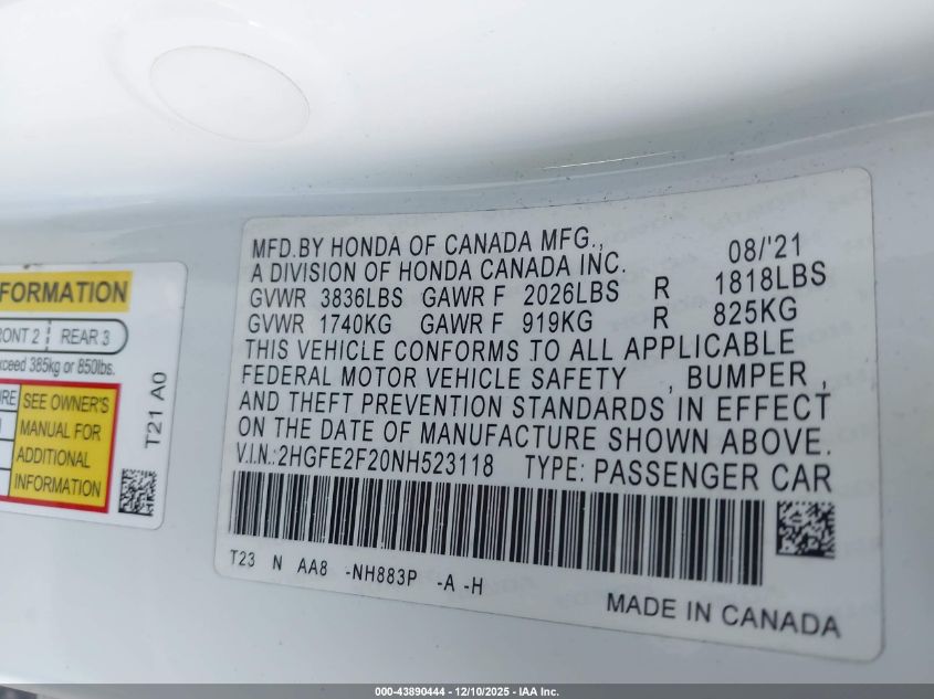 2022 Honda Civic Lx VIN: 2HGFE2F20NH523118 Lot: 43890444