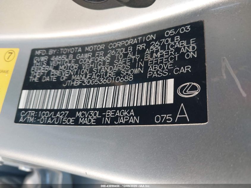 2003 Lexus Es 300 VIN: JTHBF30G536010688 Lot: 43890456