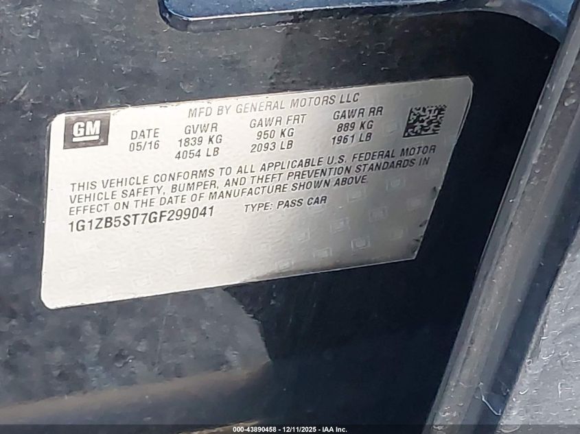 2016 Chevrolet Malibu Ls VIN: 1G1ZB5ST7GF299041 Lot: 43890458
