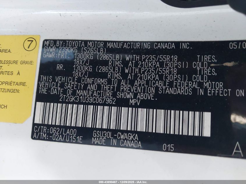 2009 Lexus Rx 350 VIN: 2T2GK31U39C067962 Lot: 43890467