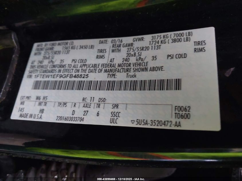 2016 Ford F-150 Lariat VIN: 1FTEW1EF9GFB48825 Lot: 43890466