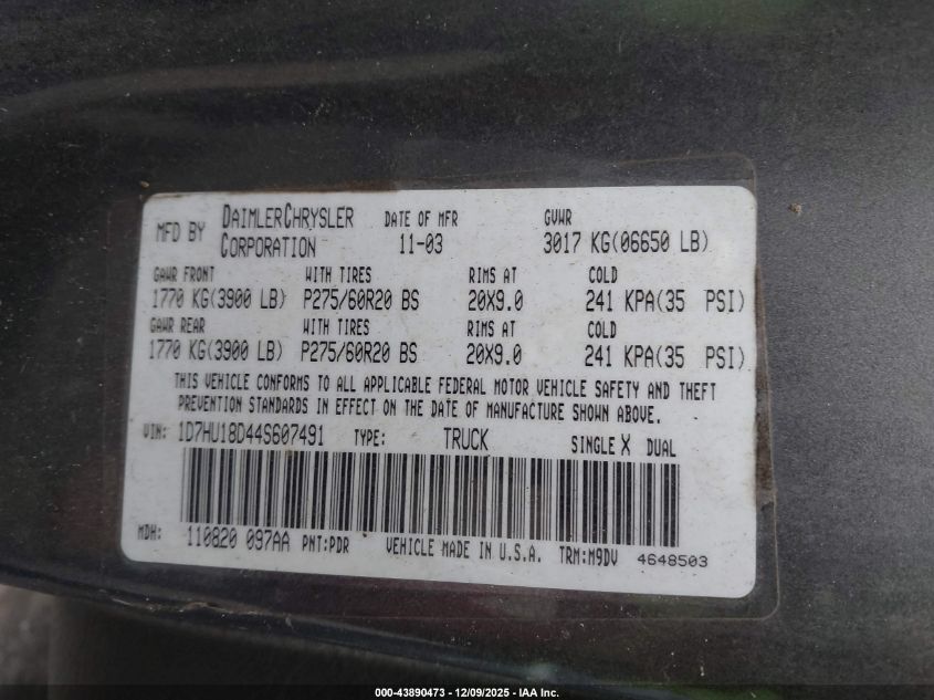 2004 Dodge Ram 1500 Slt/Laramie VIN: 1D7HU18D44S607491 Lot: 43890473