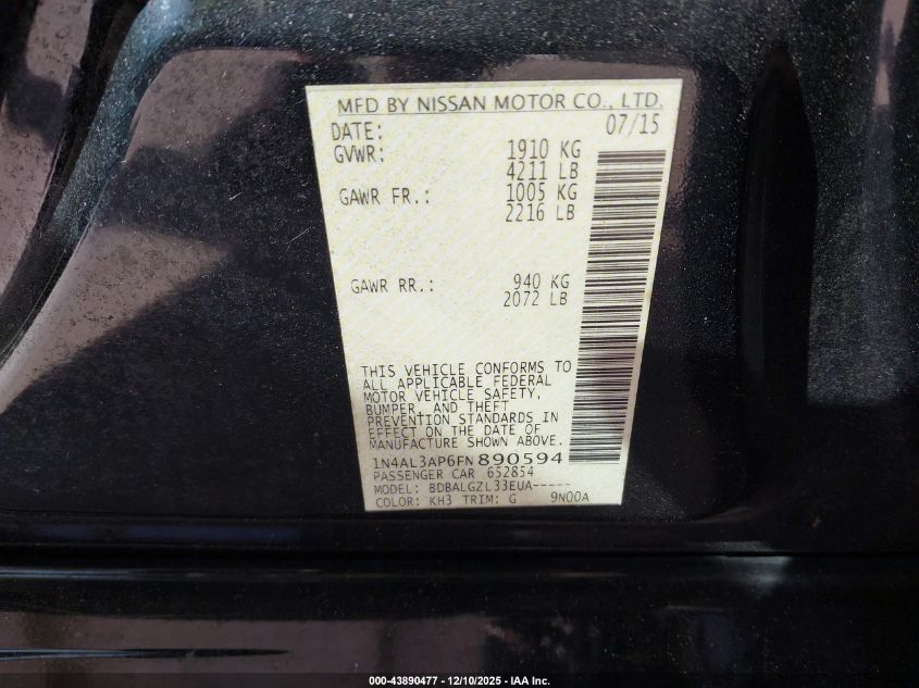 2015 Nissan Altima 2.5/2.5 S/2.5 Sl/2.5 Sv VIN: 1N4AL3AP6FN890594 Lot: 43890477